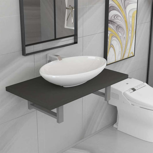 Two Bathroom Furniture Set Ceramic 2 pcs Grey 60 cm shelf and 40 cm oval-shaped basin