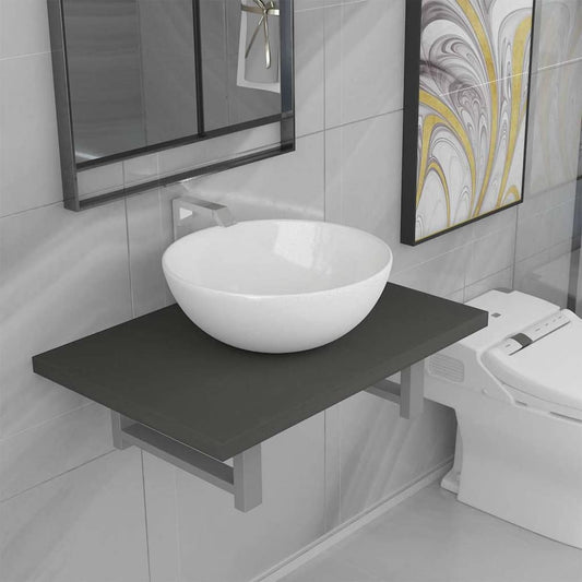 Two Bathroom Furniture Set Ceramic 2 pcs Grey 60 cm shelf and 32.5 cm round-shaped basin