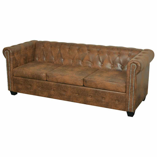vidaXL Chesterfield Sofa 3-Seater Brown Faux Leather 1