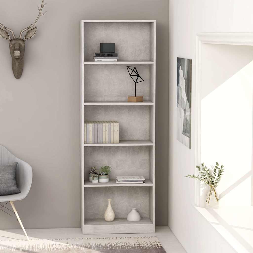 800886 vidaXL 5-Tier Book Cabinet Concrete Grey 60x24x175 cm Engineered Wood 1