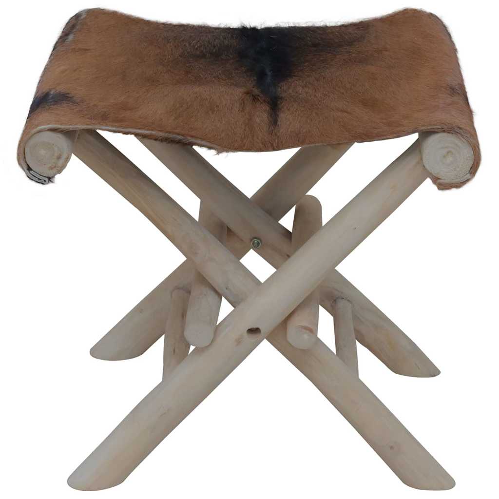 288815 vidaXL Folding Stool Goatskin Leather and Solid Teak Wood 2