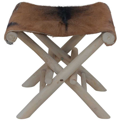 288815 vidaXL Folding Stool Goatskin Leather and Solid Teak Wood 2