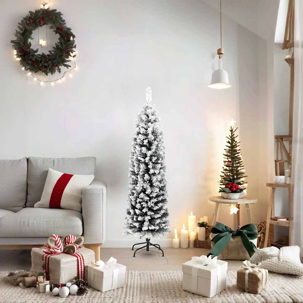 vidaXL Slim Artificial Christmas Tree with Flocked Snow Green 150 cm PVC 2