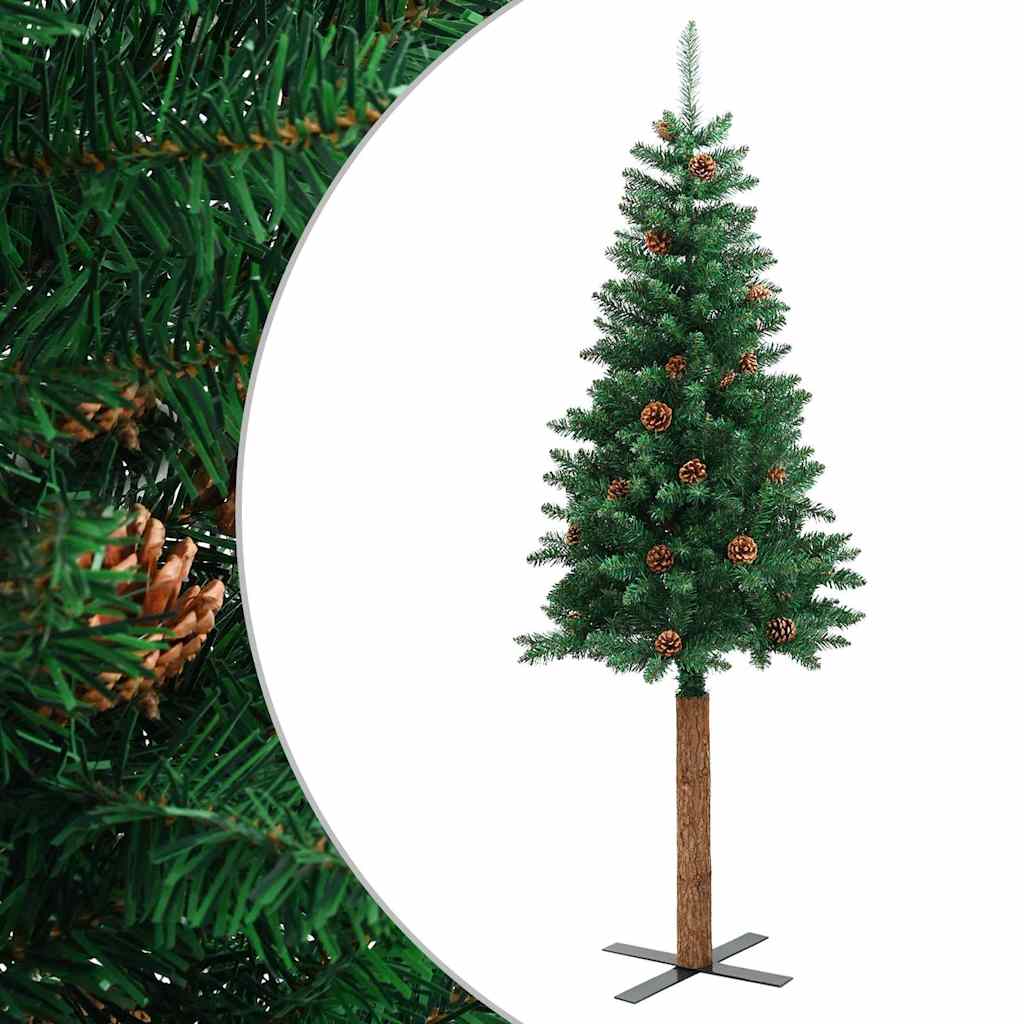 vidaXL Slim Christmas Tree with Real Wood and Cones Green 210 cm PVC 2