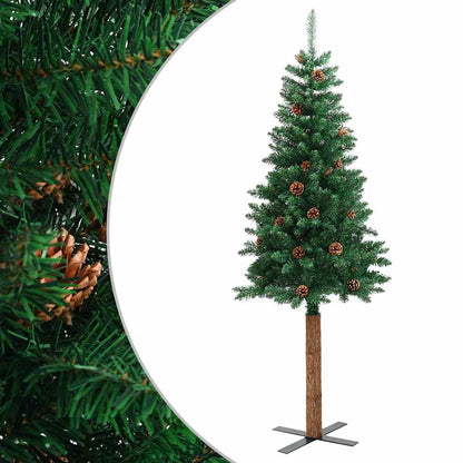 vidaXL Slim Christmas Tree with Real Wood and Cones Green 210 cm PVC 2