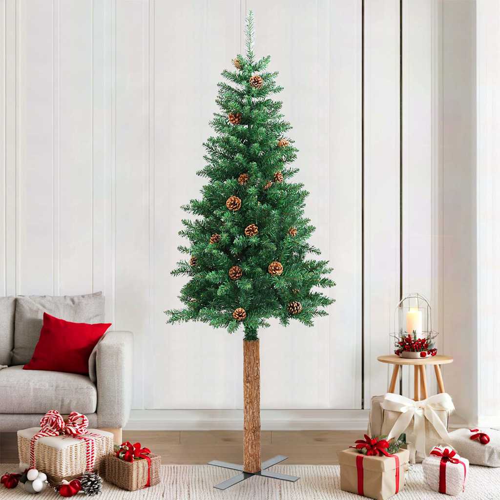 vidaXL Slim Christmas Tree with Real Wood and Cones Green 210 cm PVC 1