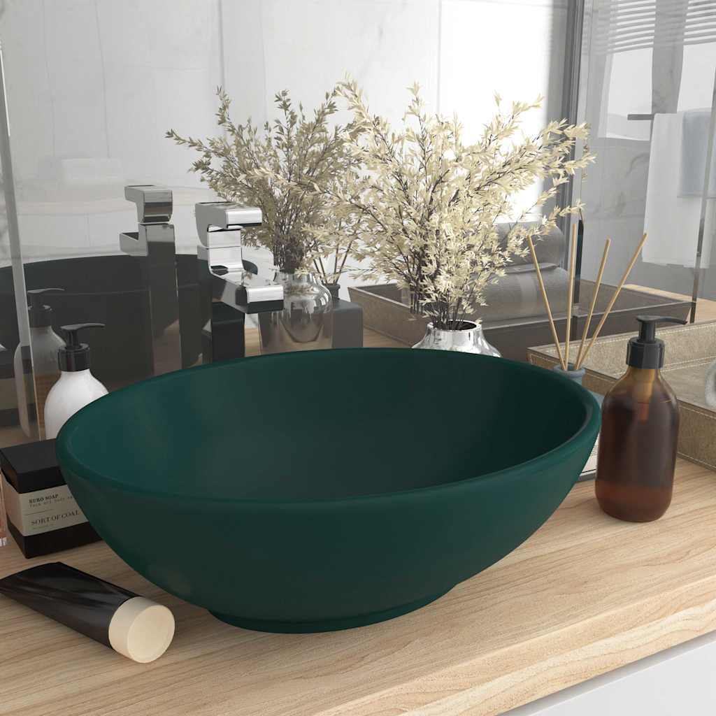 vidaXL Luxury Basin Oval-shaped Matt Dark Green 40x33 cm Ceramic 1