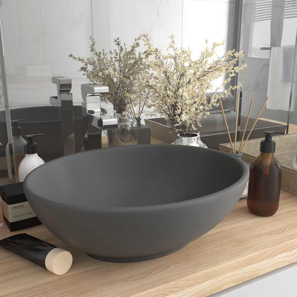 146928 vidaXL Luxury Basin Oval-shaped Matt Dark Grey 40x33 cm Ceramic 1