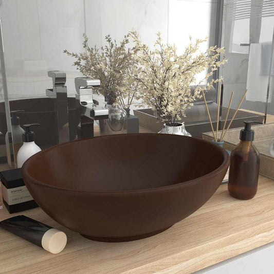 146929 vidaXL Luxury Basin Oval-shaped Matt Dark Brown 40x33 cm Ceramic 1