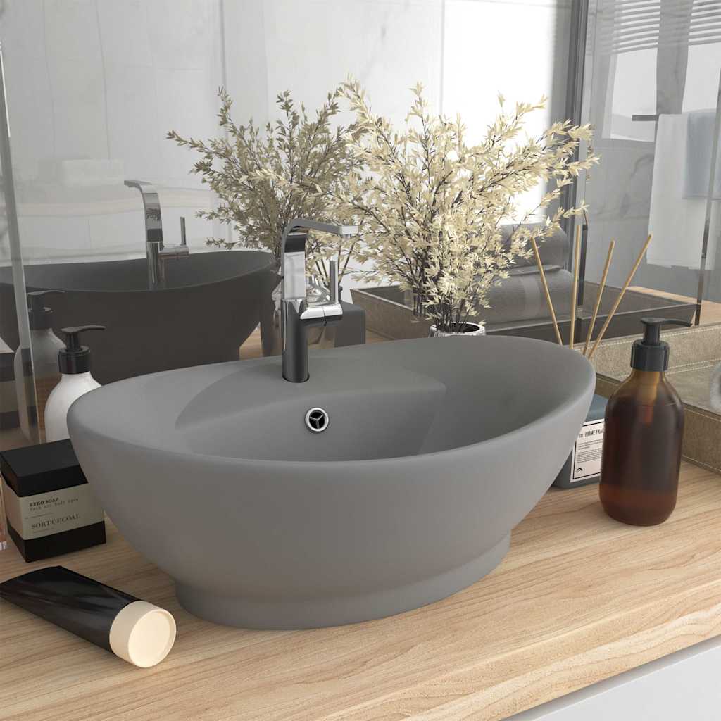 vidaXL Luxury Basin Overflow Oval Matt Light Grey 58.5x39 cm Ceramic 1