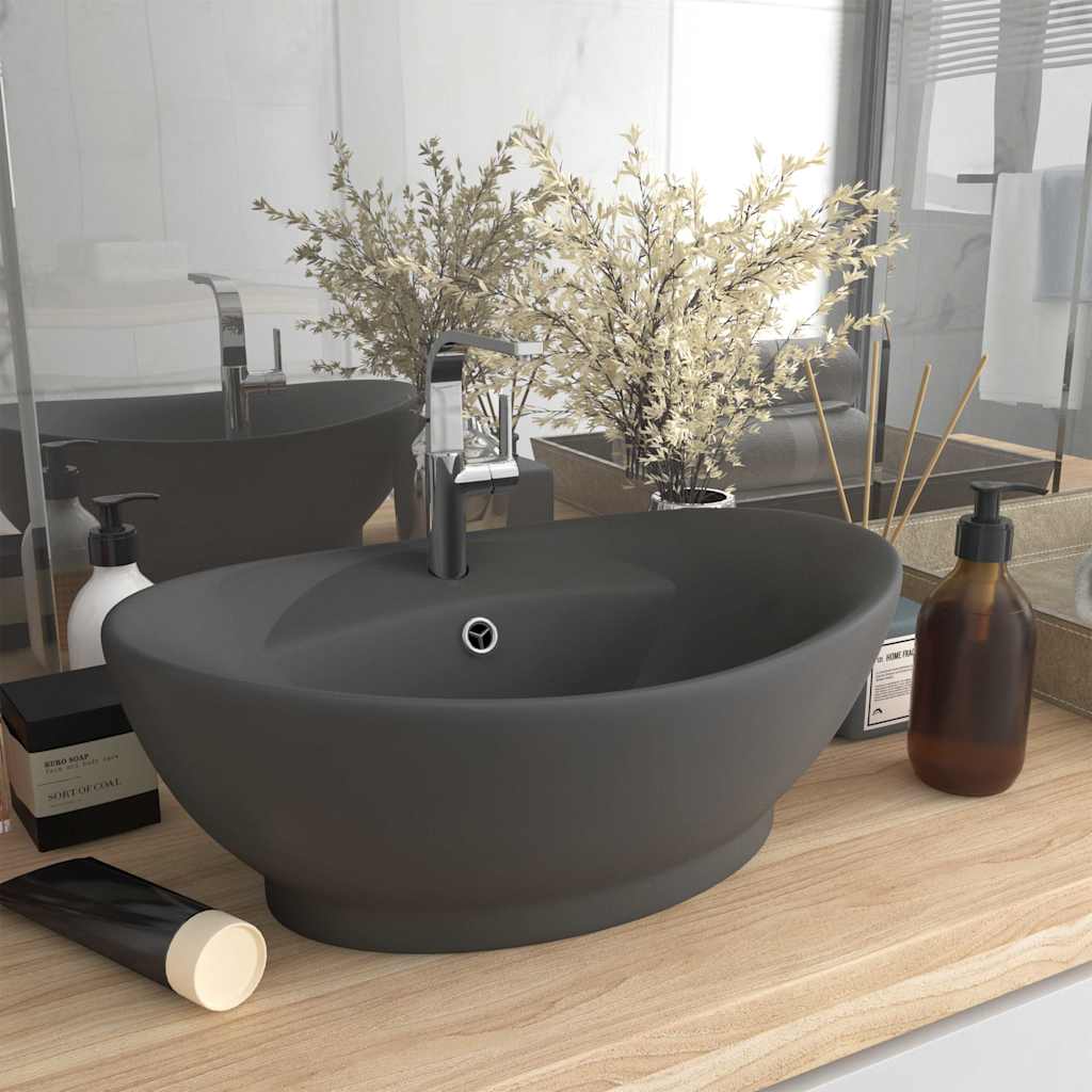 vidaXL Luxury Basin Overflow Oval Matt Dark Grey 58.5x39 cm Ceramic 1