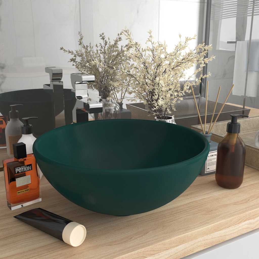 vidaXL Luxury Bathroom Basin Round Matt Dark Green 32.5x14 cm Ceramic 1