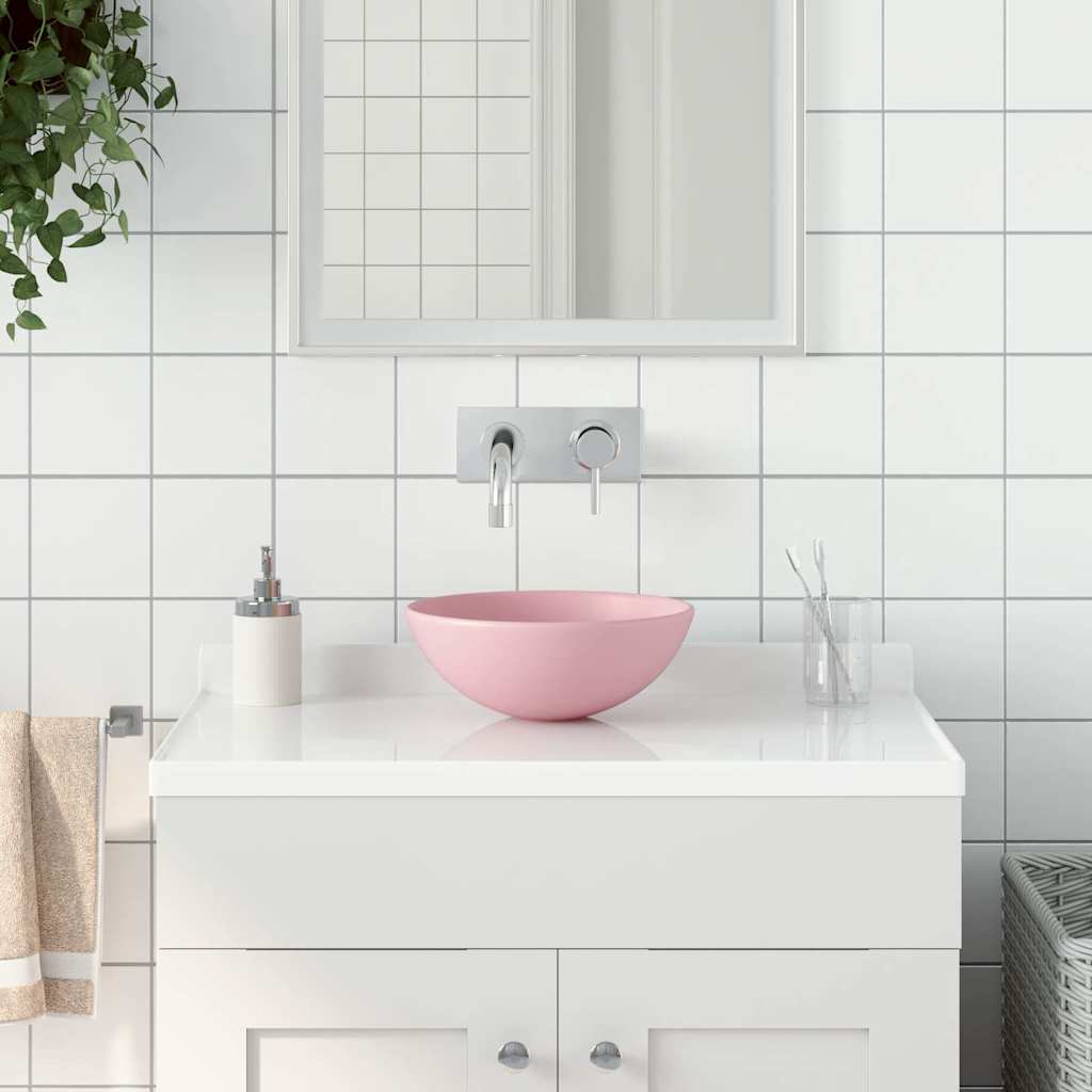vidaXL Bathroom Sink Ceramic Matt Pink Round 1