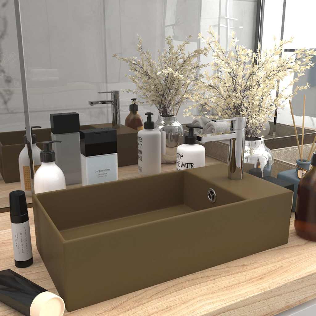 vidaXL Bathroom Sink with Overflow Ceramic Matt Cream 1