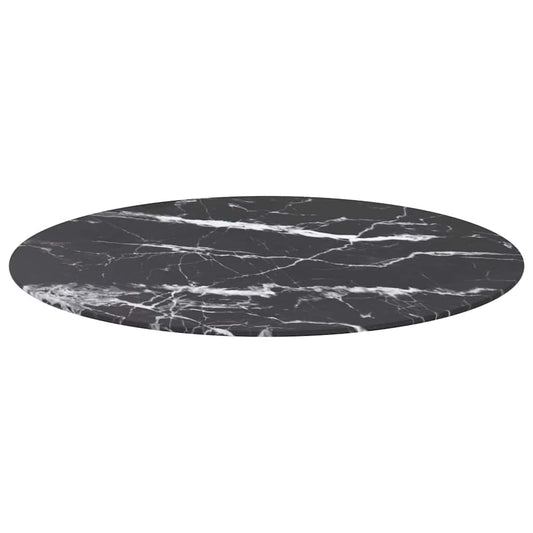 A round black table top with a white marble pattern, shown from a side angle