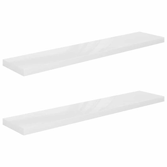 Two white high gloss floating wall shelves shown together against a white background
