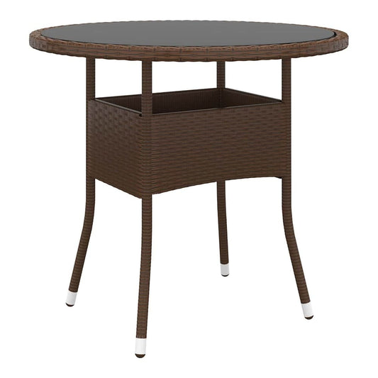 Garden Table Ø80x75 Tempered Glass and Poly Rattan Brown