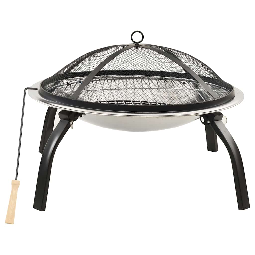 vidaXL 2-in-1 Fire Pit and BBQ with Poker 56x56x49 cm Stainless Steel 2