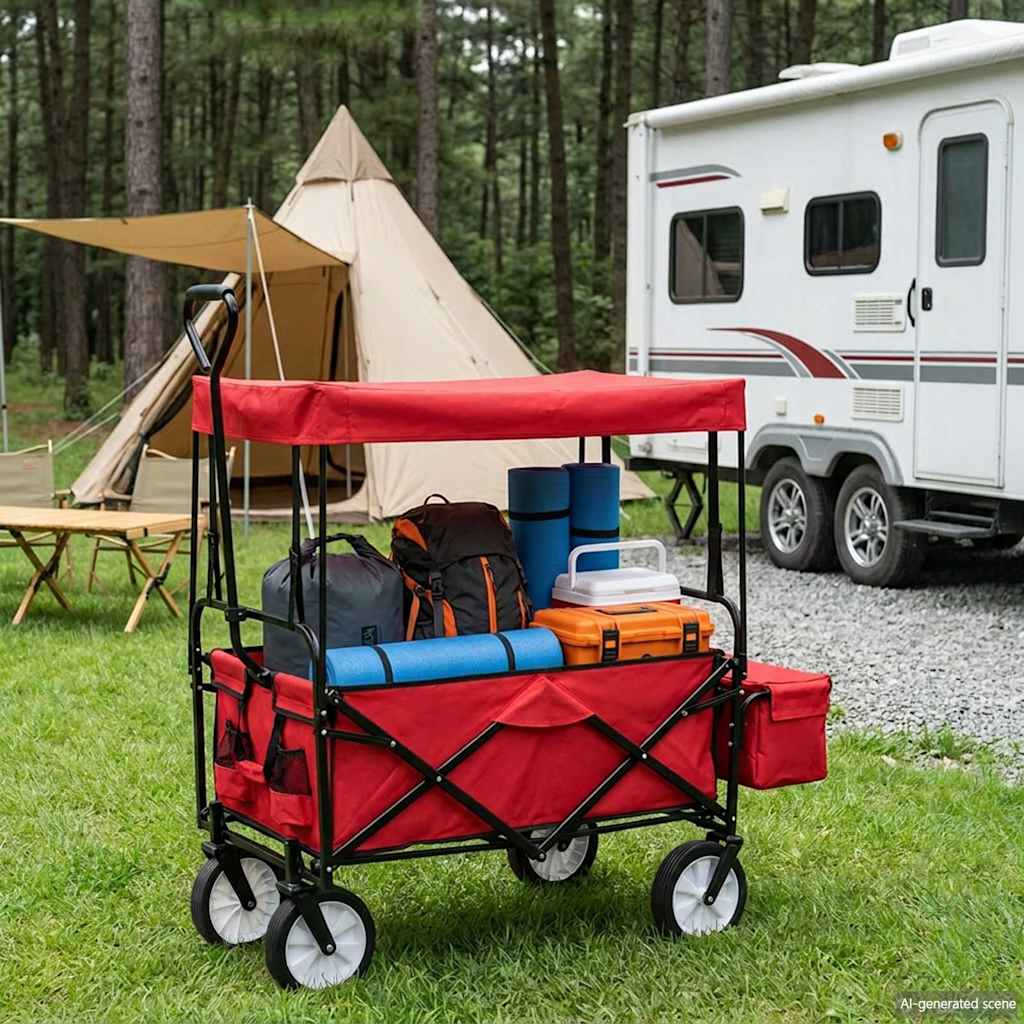 vidaXL Folding Hand Trolley with Canopy Steel Red 1