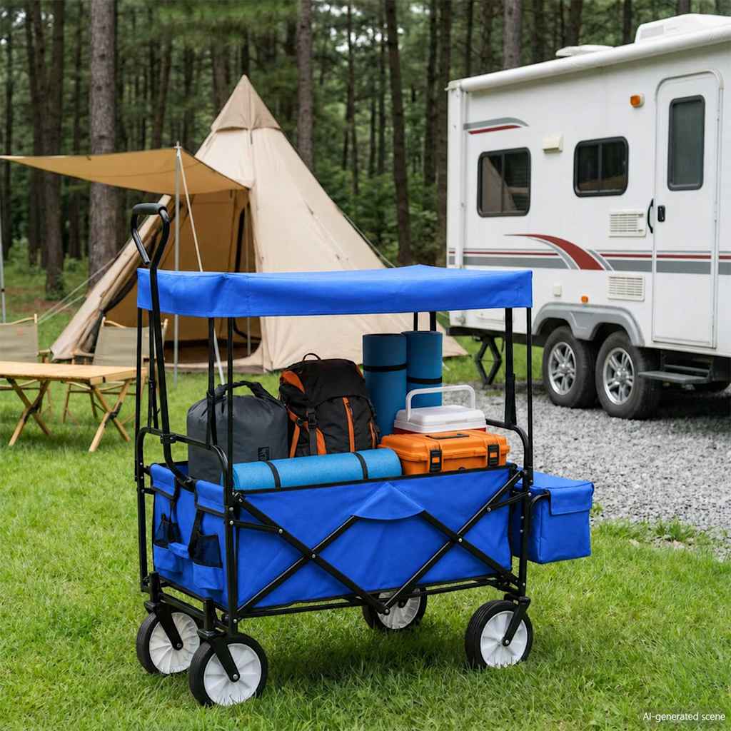 vidaXL Folding Hand Trolley with Canopy Steel Blue 1