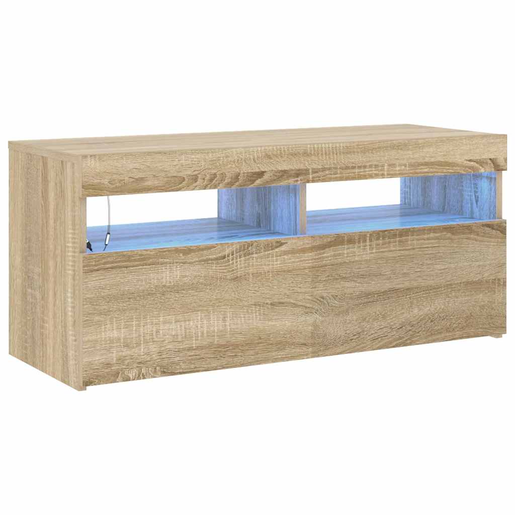 804385 vidaXL TV Cabinet with LED Lights Sonoma Oak 90x35x40 cm 2