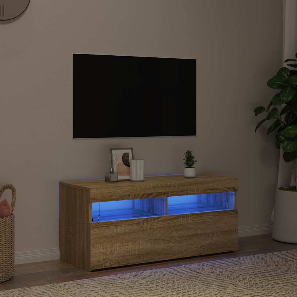 804385 vidaXL TV Cabinet with LED Lights Sonoma Oak 90x35x40 cm 1