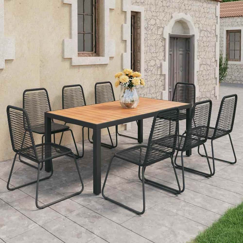 5 Piece Garden Dining Set PVC Rattan Black and brown 184.5 cm table length 8