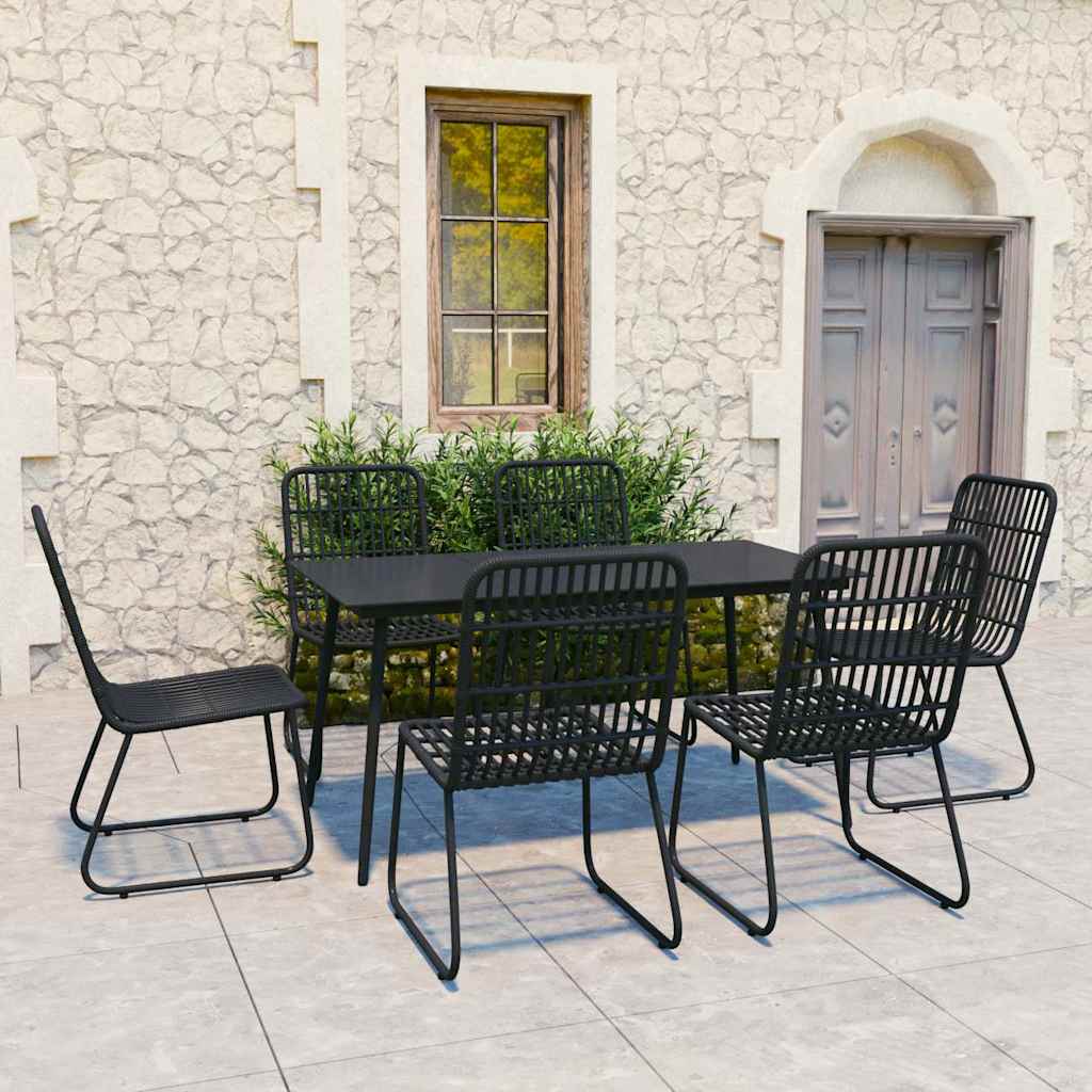 5 Piece Outdoor Dining Set Poly Rattan and Glass Black 150 cm table length 6