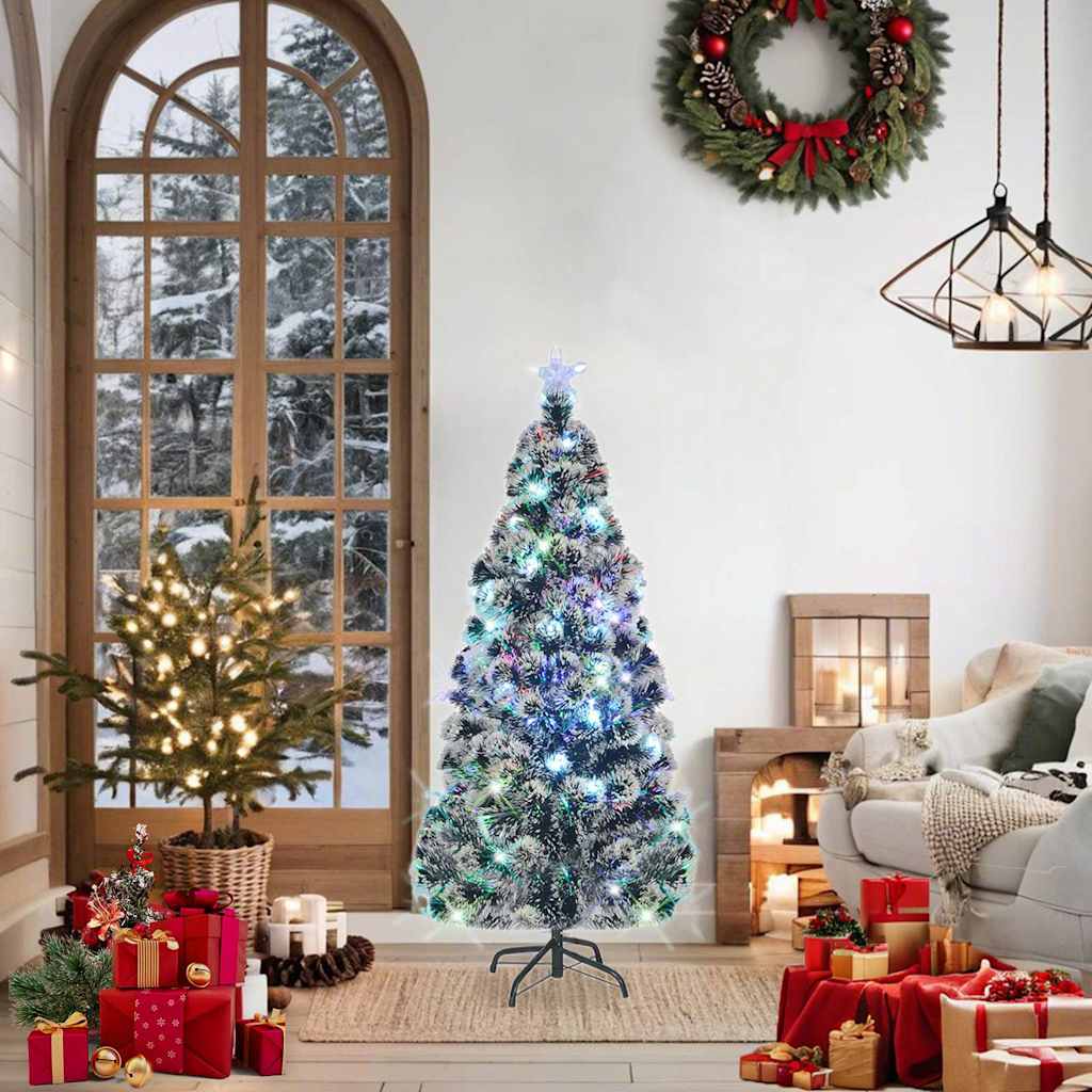 vidaXL Pre-lit Christmas Tree Green and White 150 cm Fibre Optic 2