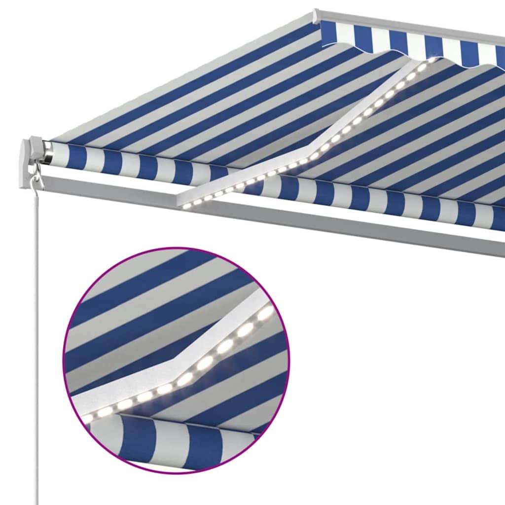 Manual Retractable Awning with LED with White Frame Drop 350 cm Blue and white 400 cm
