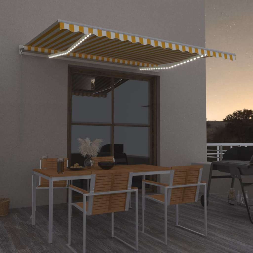 Manual Retractable Awning with LED with White Frame Drop 350 cm Yellow and white 400 cm