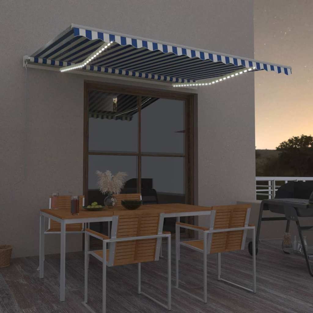 Manual Retractable Awning with LED with White Frame Drop 350 cm Blue and white 450 cm