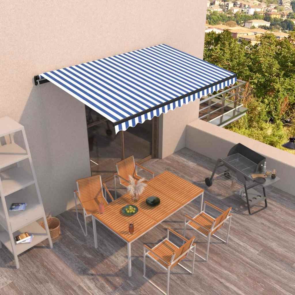 Manual Awning 4 x 3.5 m 100% Polyester Drop 350 cm Blue and white 400 cm