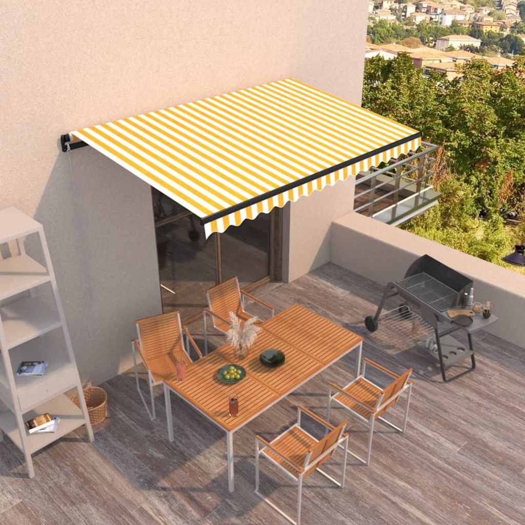 Manual Awning 4 x 3.5 m 100% Polyester Drop 350 cm Yellow and white 400 cm