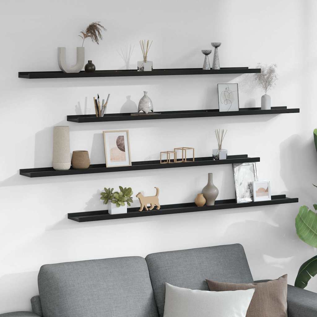 vidaXL Wall Shelf | Set of 4 | Black | MDF | 115 x 9 x 3 cm | Wall mounting 3