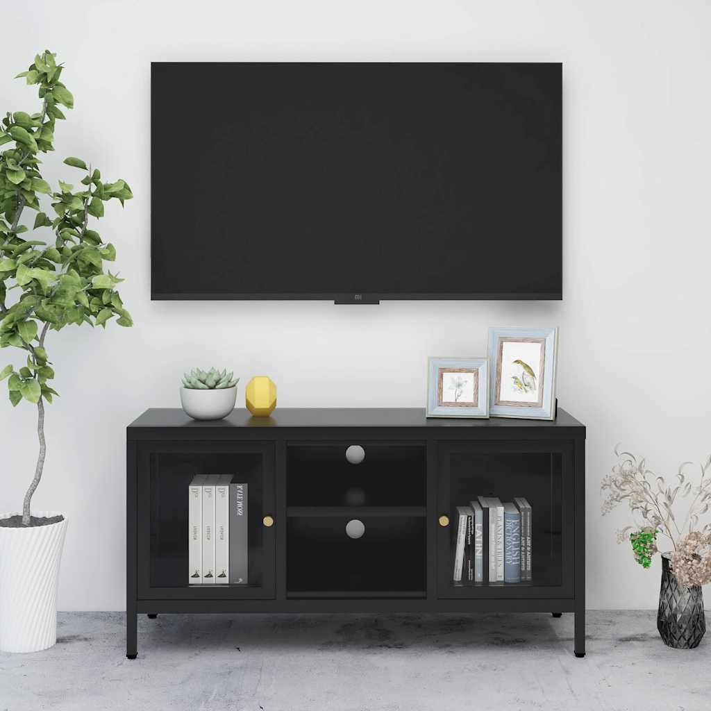 TV Cabinet 105x35x52 cm Steel and Glass Black