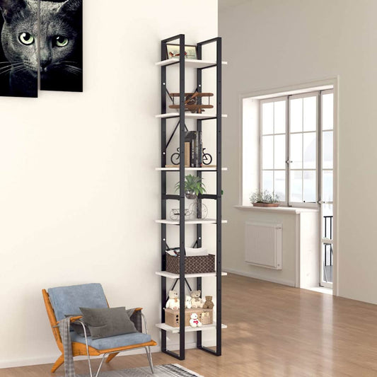 6-Tier Book Cabinet White Engineered Wood standing in a room next to a chair and a window