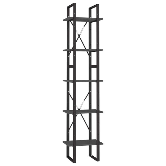 Tall grey five-tier bookcase with black metal frame, shown from the front