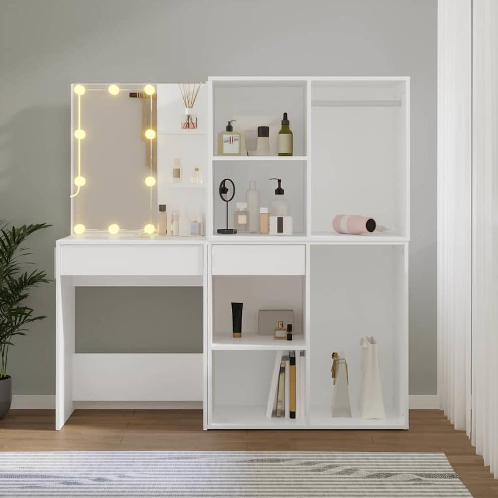 LED Dressing Table with Cabinets Engineered Wood White