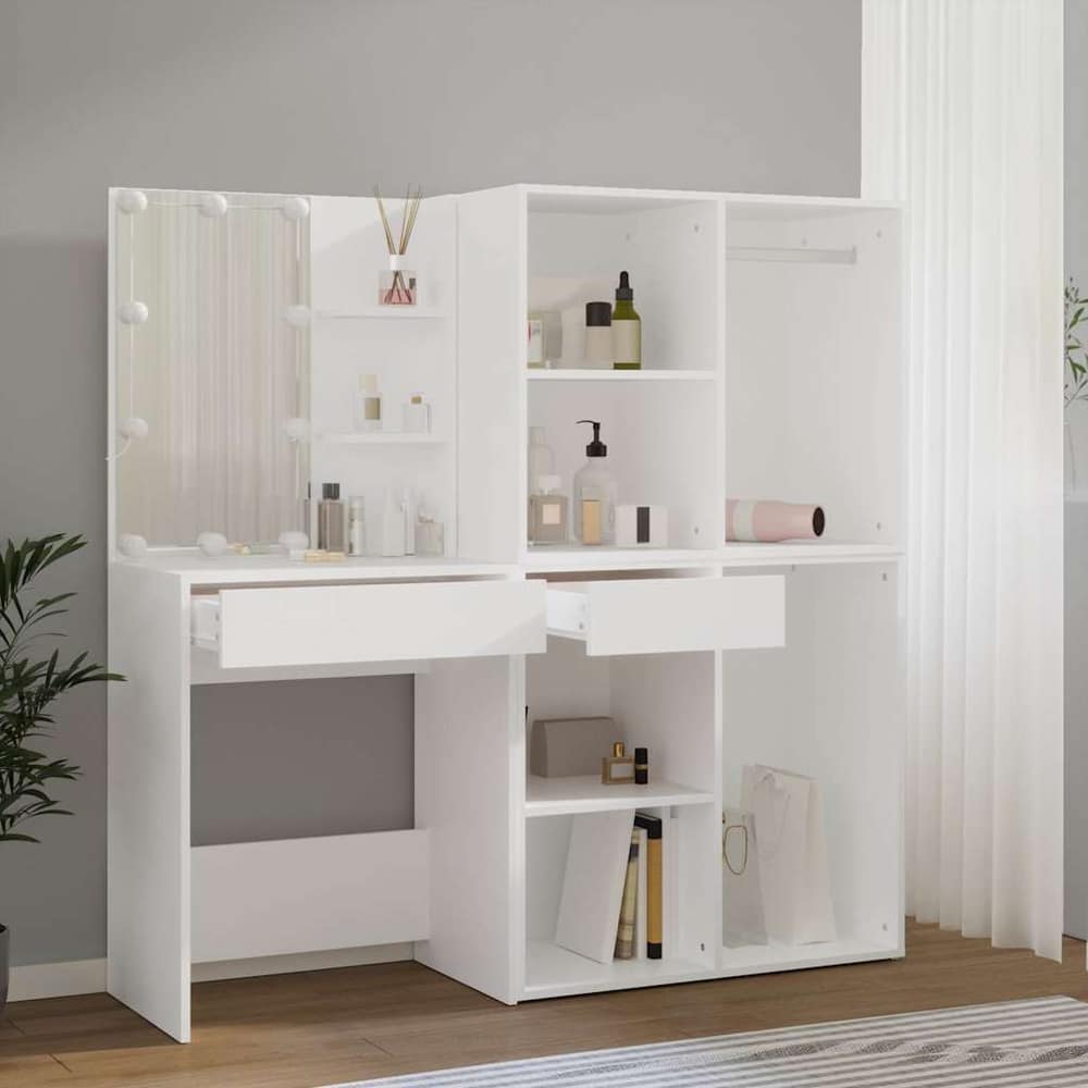 LED Dressing Table with Cabinets Engineered Wood White