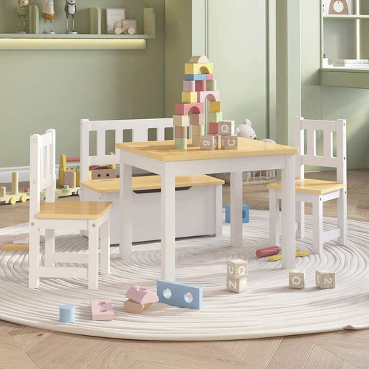 3 Piece Children Table and Chair Set MDF White and beige With bench
