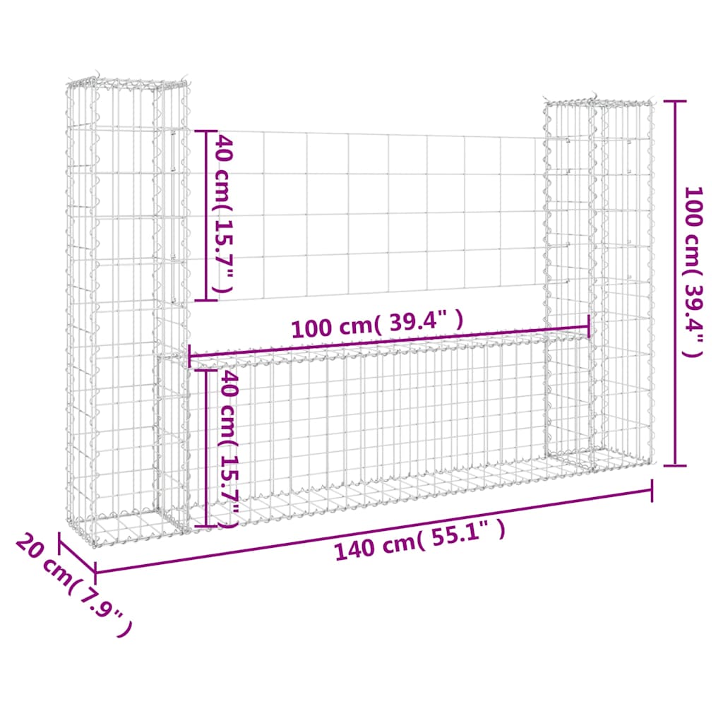 vidaXL U-shape Gabion Basket with 2 Posts Iron 140x20x100 cm 6