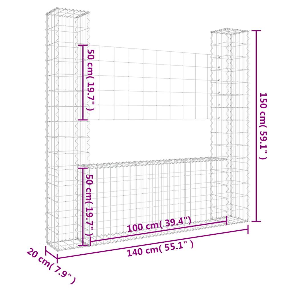 vidaXL U-shape Gabion Basket with 2 Posts Iron 140x20x150 cm 6