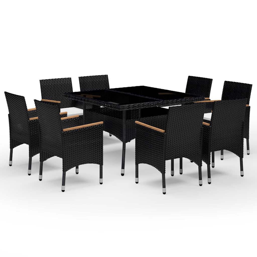 9 Piece Garden Dining Set Poly Rattan and Tempered Glass Black
