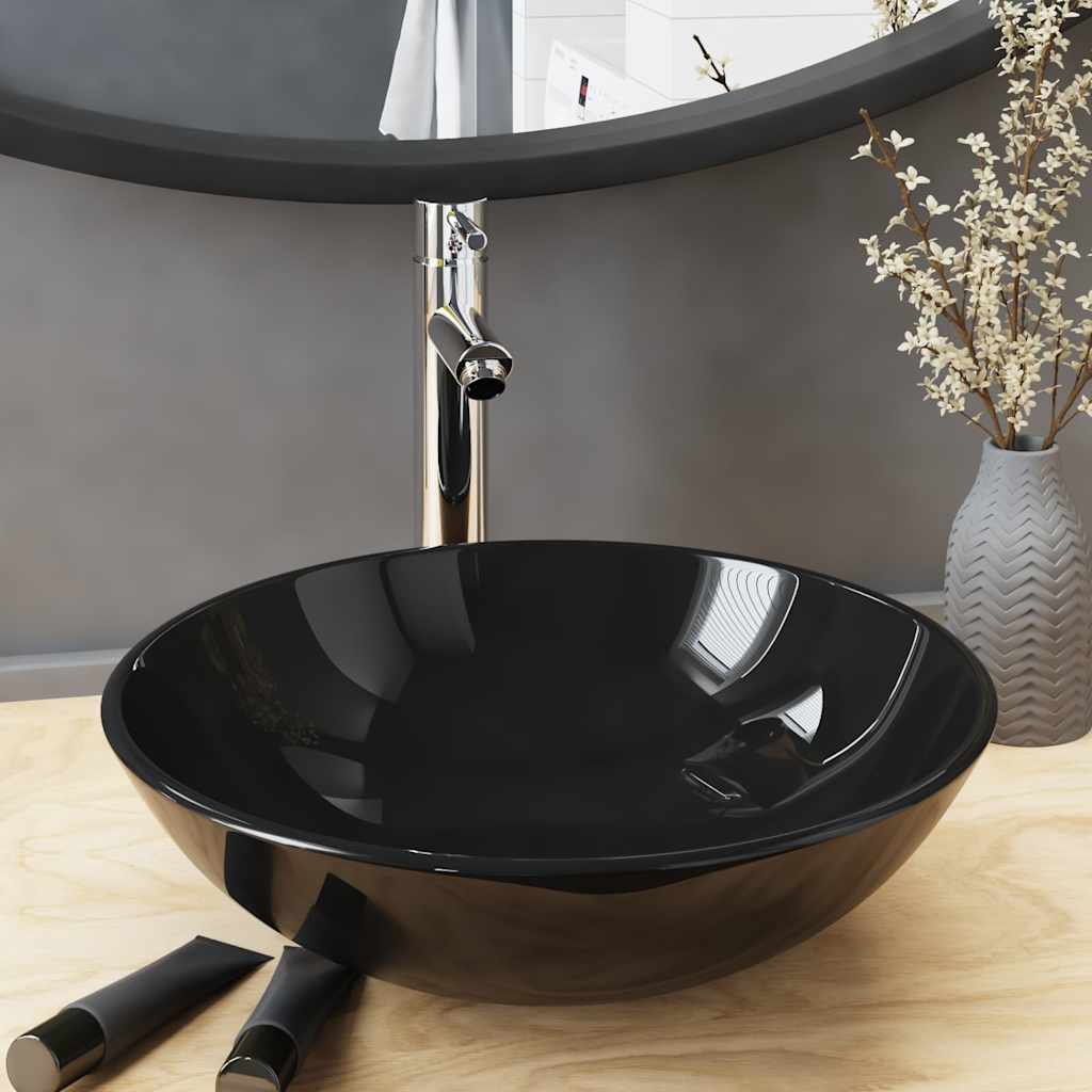 Bathroom Sink with Tap and Push Drain Tempered Glass Black Chrome tap