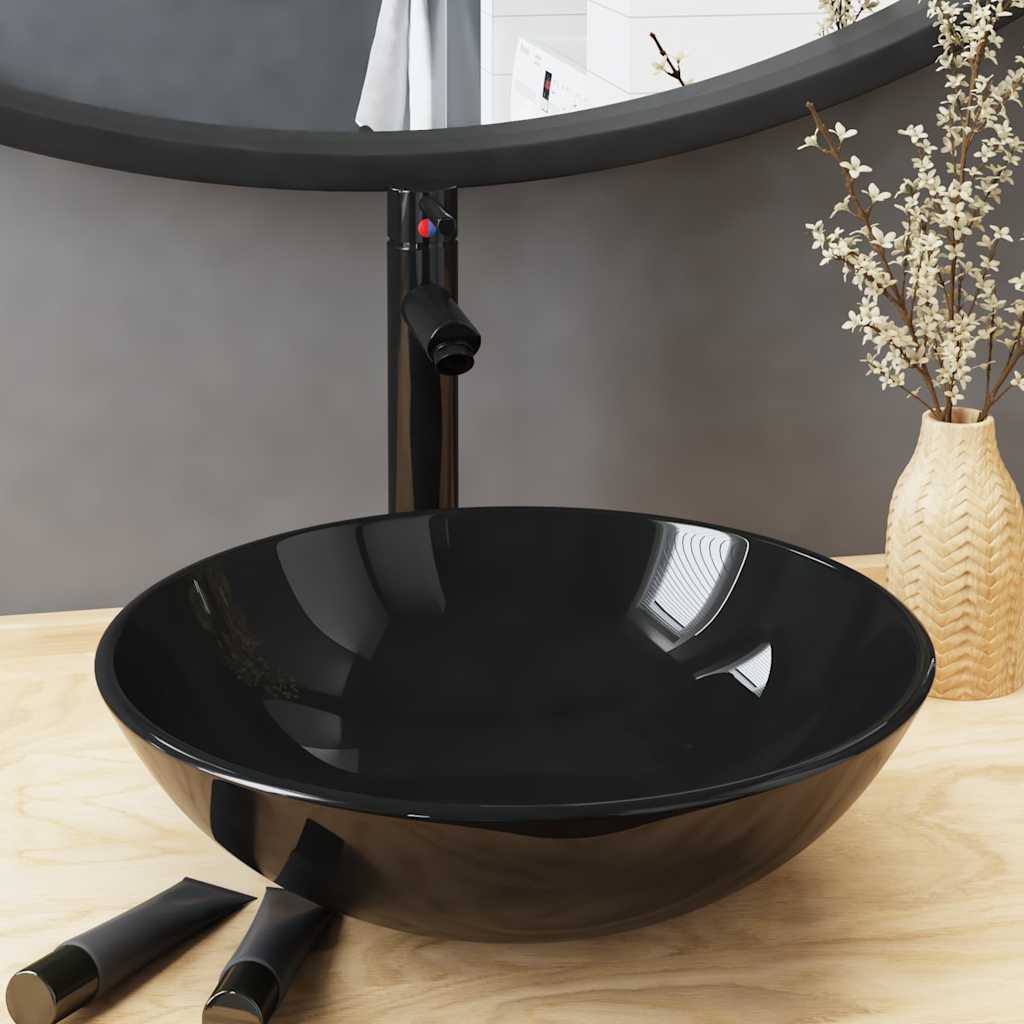 Bathroom Sink with Tap and Push Drain Tempered Glass Black Black tap