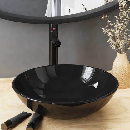 Bathroom Sink with Tap and Push Drain Tempered Glass Black Black tap