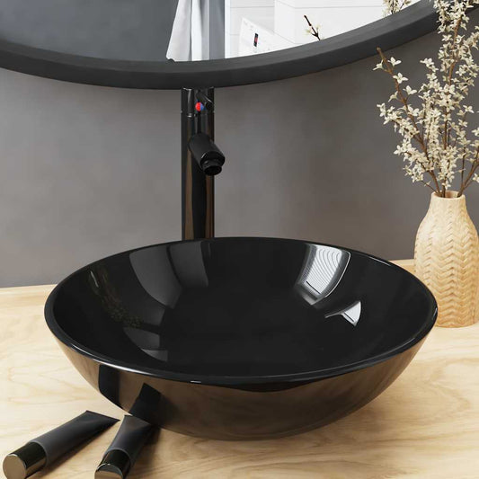 Bathroom Sink with Tap and Push Drain Tempered Glass Black Black tap