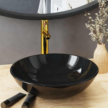 Bathroom Sink with Tap and Push Drain Tempered Glass Black Gold tap