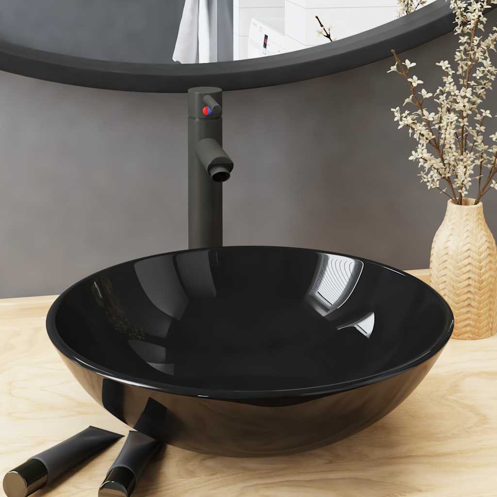 Bathroom Sink with Tap and Push Drain Tempered Glass Black Grey tap